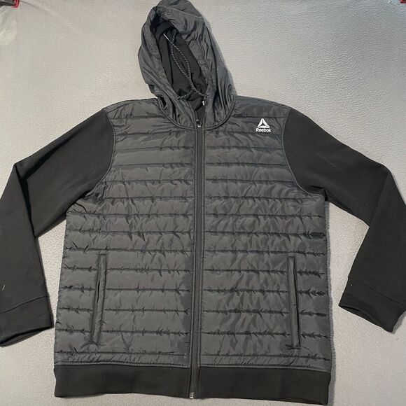 Reebok Men's Jacket Size X-Large Black Quilted Puffer Full Zip Hooded Athleisure - Picture 1 of 4